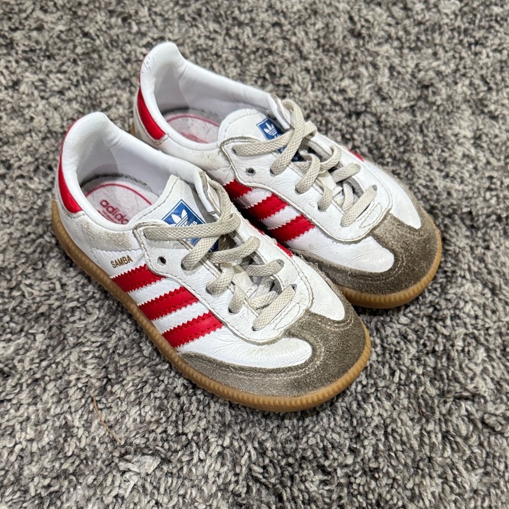 Adidas Kids Samba Red, White, and Brown Sneakers